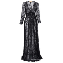 Kate Kasin Maternity SexyDeep V-Neck Long Sleeve See-Through Black Lace Maxi Long Maternity Dress KK001082-1